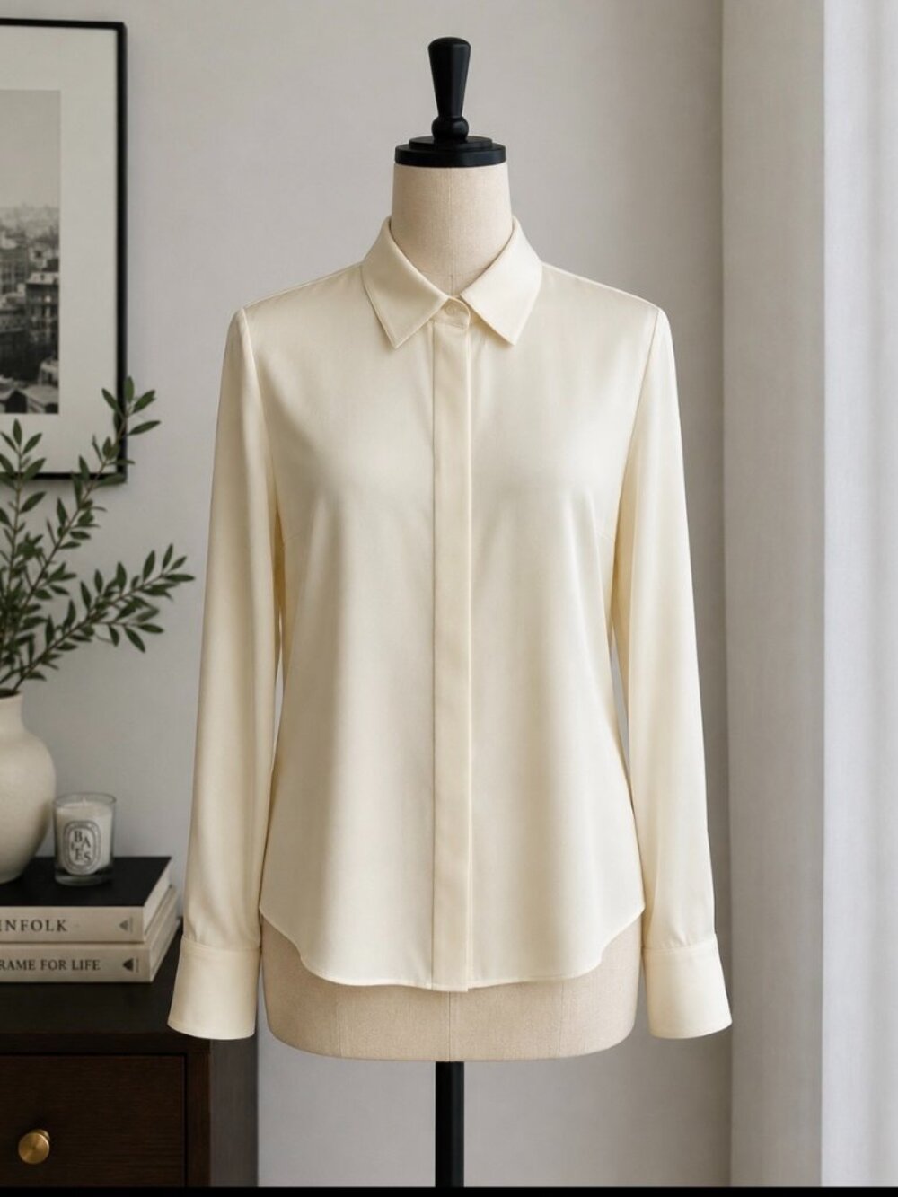 THEORY Ivory Stretch Silk Blouse, Hidden Placket Button Front, L, NW/OT,Like New